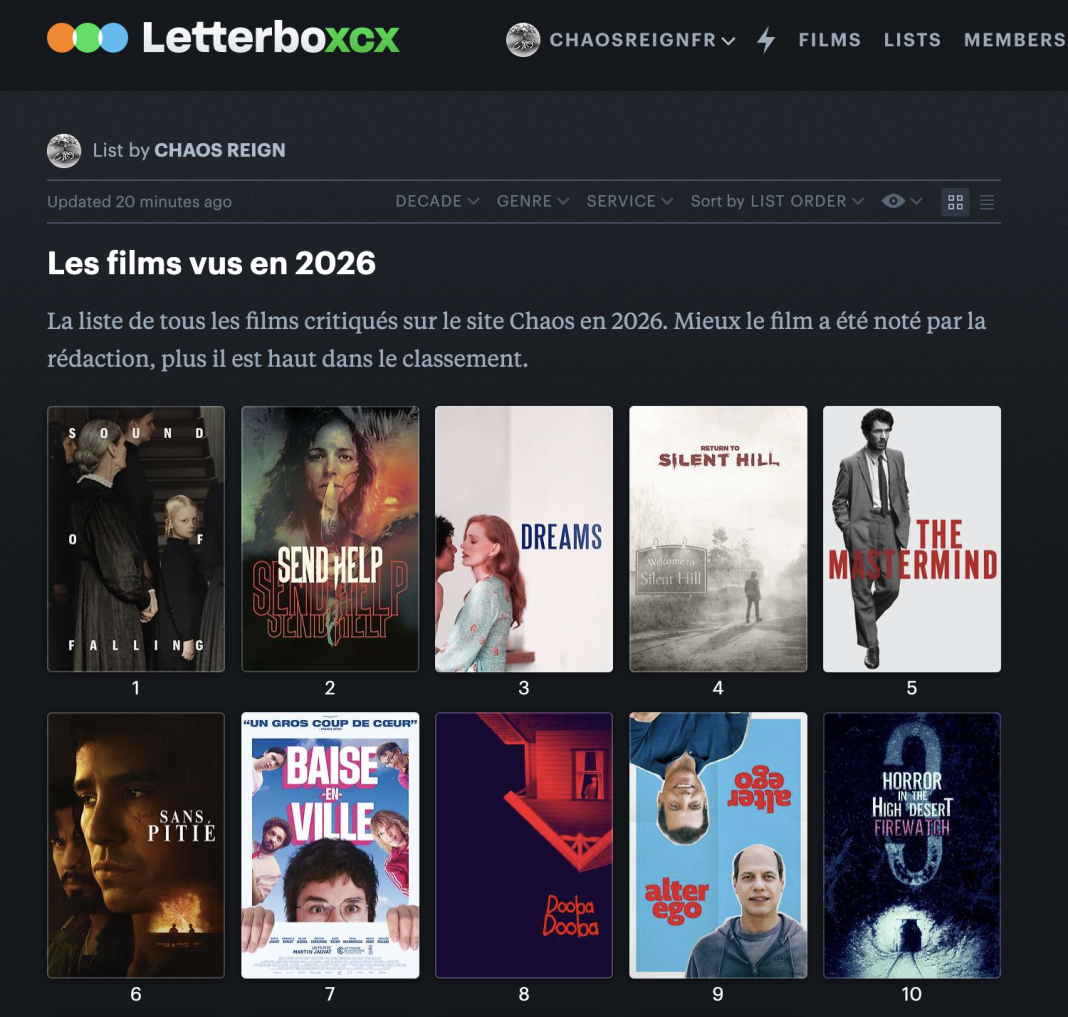 Nos films vus en 2026, classés par ordre de préférence sur Letterboxd