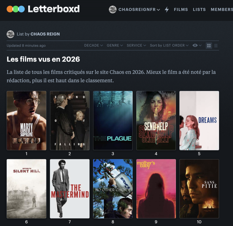 Nos films vus en 2026, classés par ordre de préférence sur Letterboxd