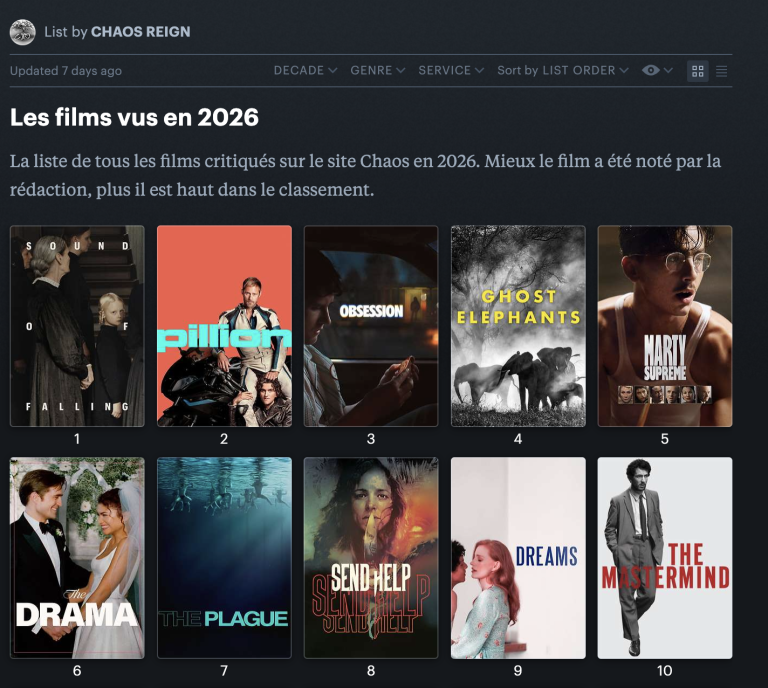 Nos films vus en 2026, classés par ordre de préférence sur Letterboxd