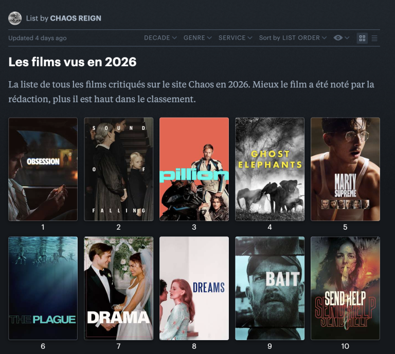 Nos films vus en 2026, classés par ordre de préférence sur Letterboxd